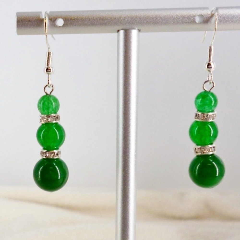 Emerald Green Earrings Dangle Sterling Hooks Glass Beads & Crystals 2" NWOT M569